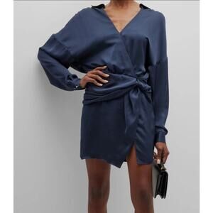 Ramy Brook Women's Blue Jaymie Satin Wrap Mini Dress Navy Blue Size 0 Euc